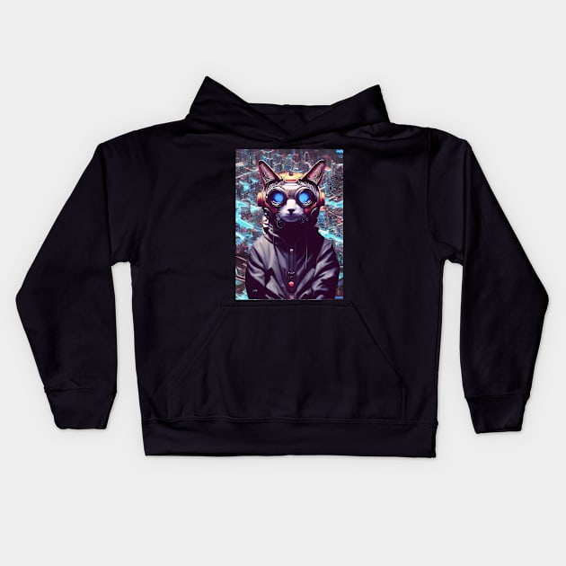 Cool Japanese Techno Cat In Future World Japan Neon City Kids Hoodie by star trek fanart and more